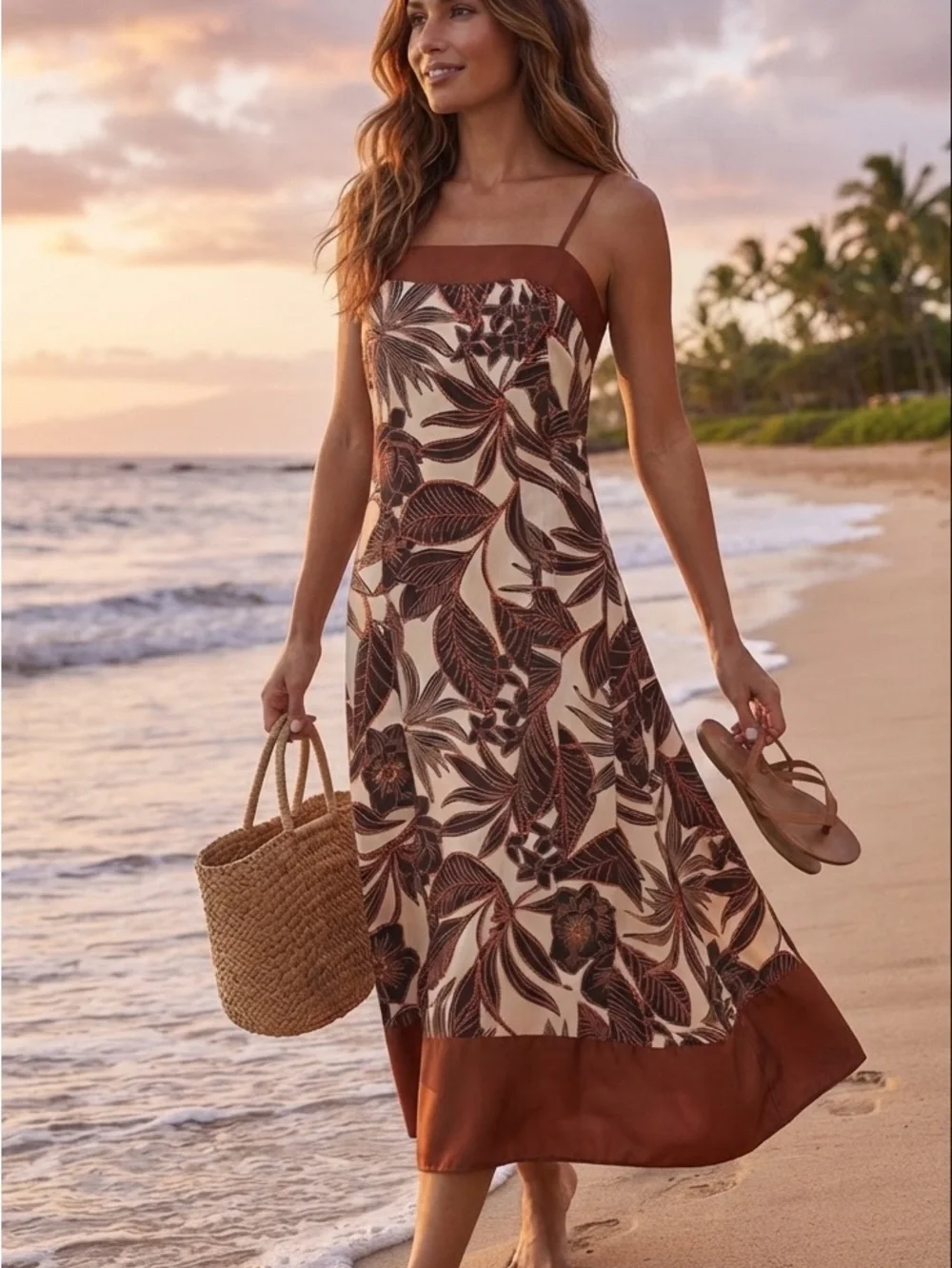 DKNY Cream and Brown Tropical Print Sundress